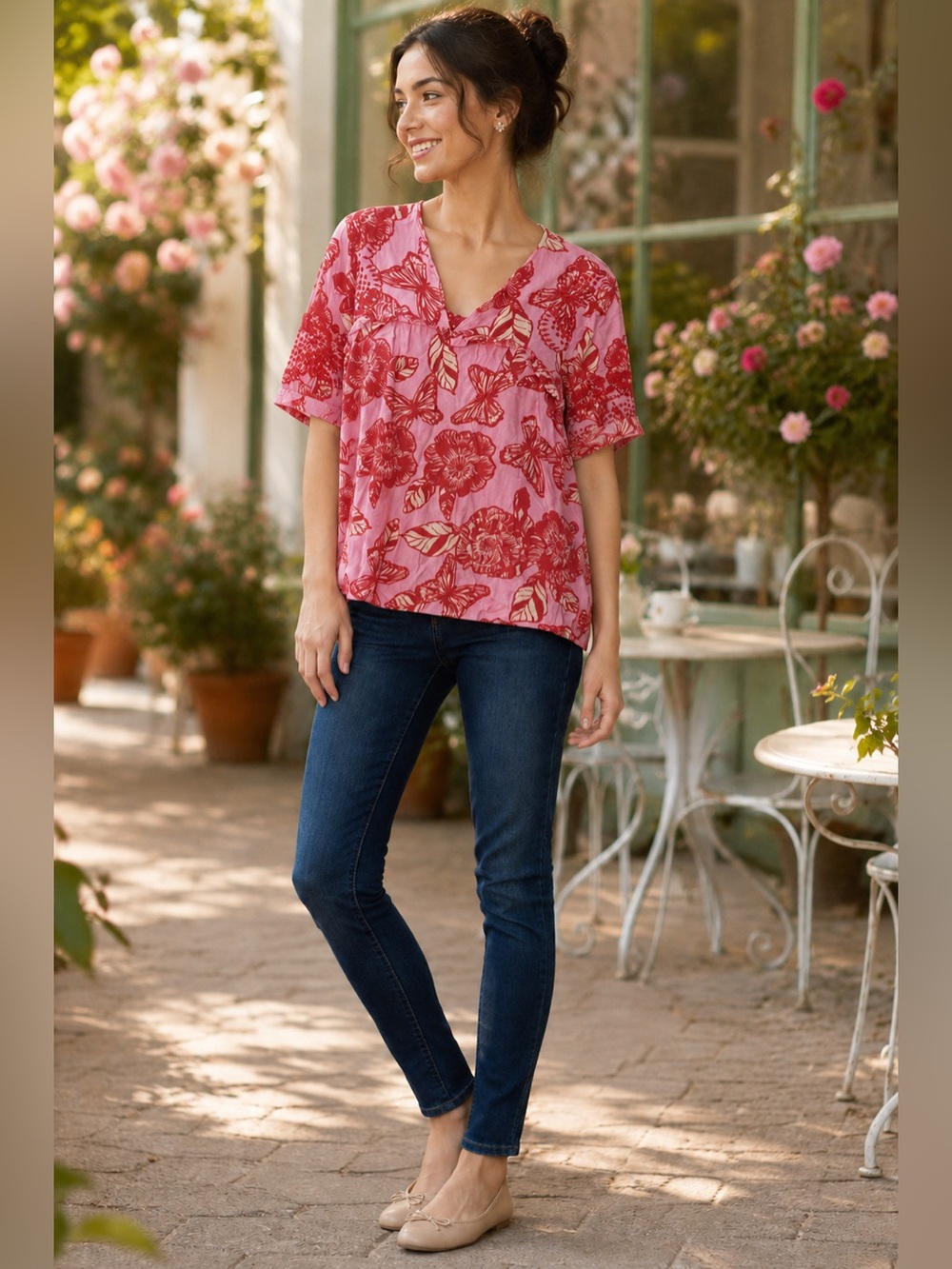 Vineet Bahl Embroidered Floral Butterfly Babydoll Blouse Pink Red XS